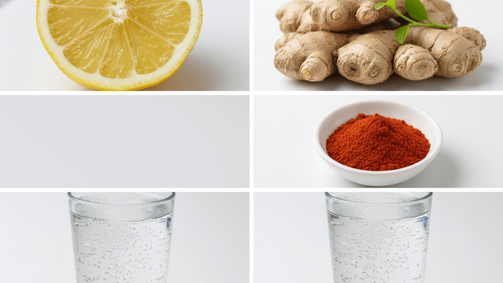 Collage of ingredients for lemon cayenne detox water including lemons, ginger, and cayenne powder.