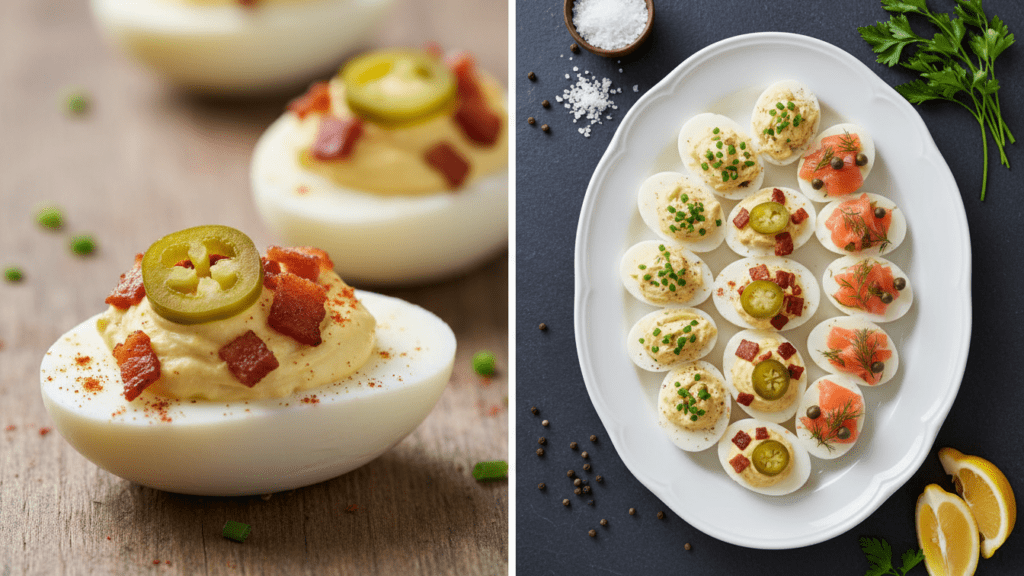 A close-up look at a spicy deviled egg next to a full platter of varied deviled egg recipes.