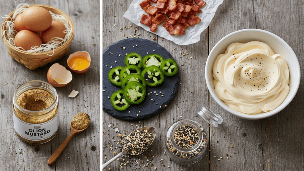 A collage of fresh ingredients needed to make deviled eggs including eggs, bacon, and spices.