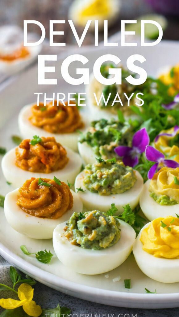 A vibrant platter of deviled eggs three ways with a bold text overlay for a recipe post.