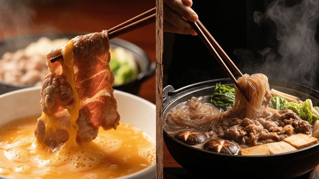 A close-up shot of a piece of beef being dipped into a bowl of whisked raw egg.