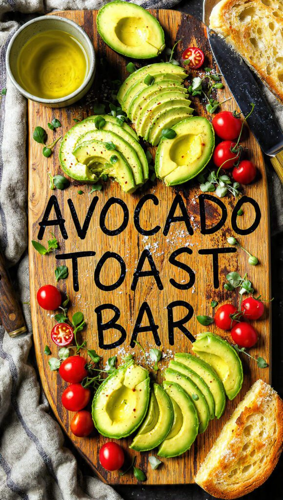 A vibrant and colorful avocado toast bar spread on a wooden board with various toppings.