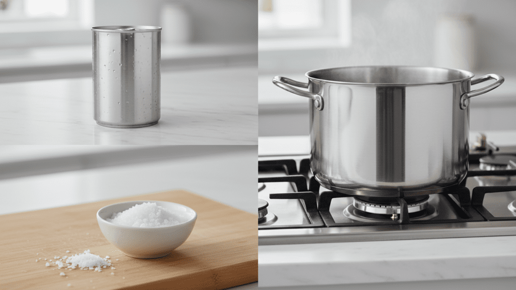 A collage showing a can of condensed milk and a pot of boiling water.