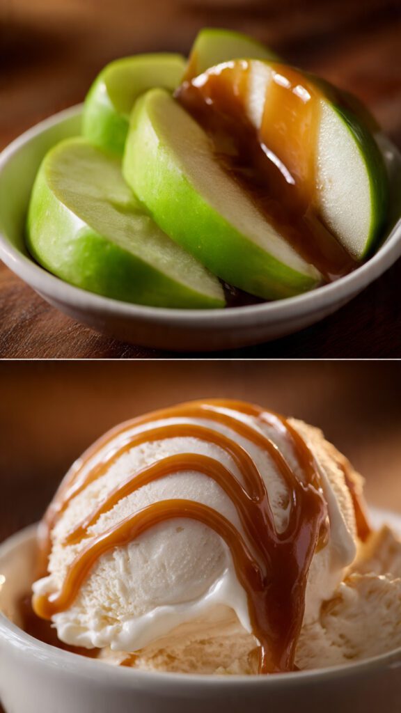Two separate variants of dulce de leche: one on apple slices and one swirled into ice cream.