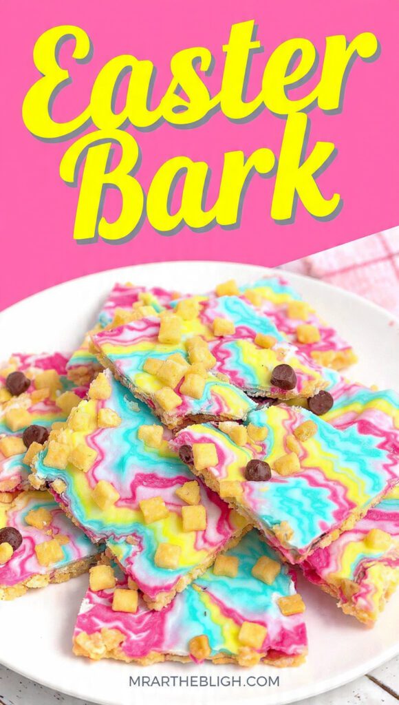 A tray of colorful marbled Easter bark with robin eggs and text overlay "Easter Bark"