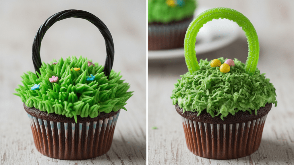 Two separate styles of Easter cupcakes, one with coconut grass and one with piped buttercream grass.