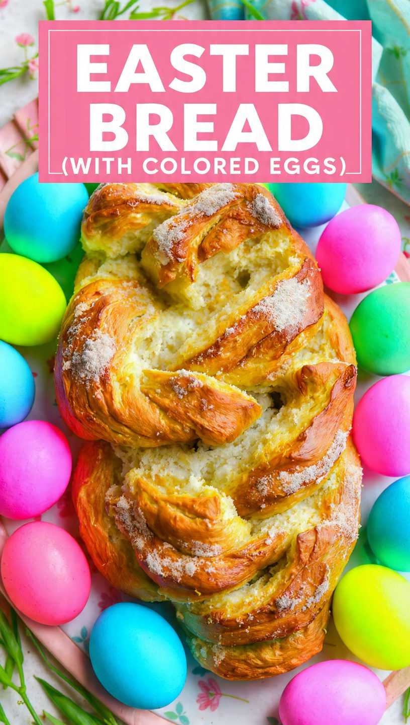 A beautiful braided Easter bread wreath with bright colored eggs and sprinkles.