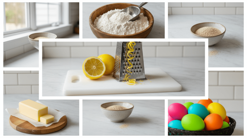 Ingredients collage for homemade Easter bread including flour, yeast, lemons, and dyed eggs