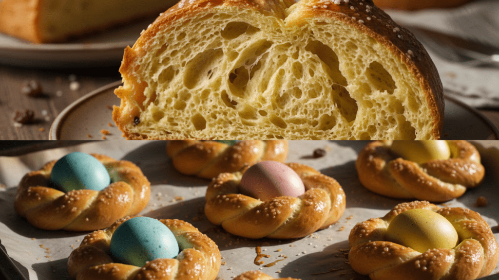 Close up look of a sliced Easter bread and a mini wreath version.