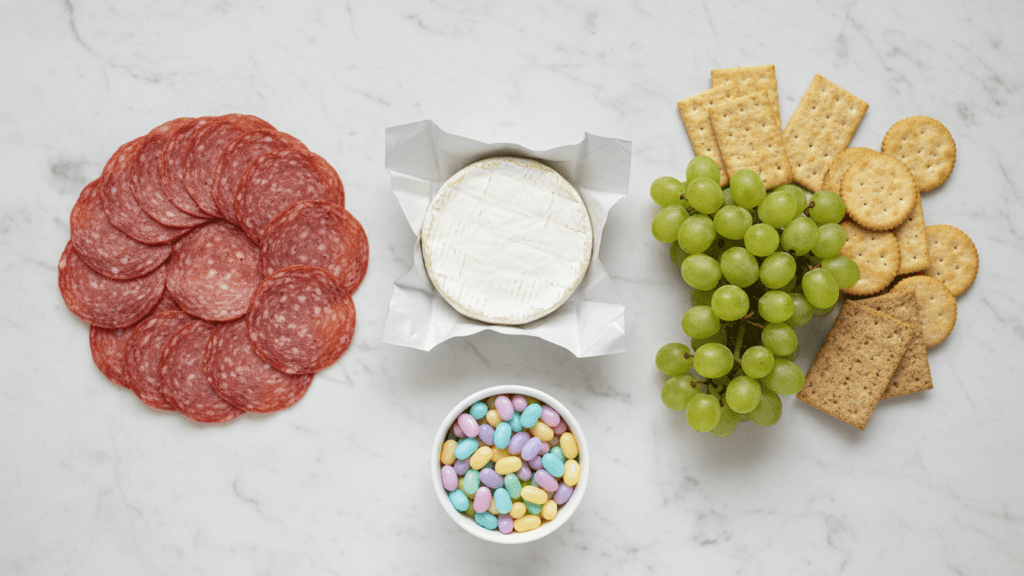 A collage of charcuterie ingredients: Brie cheese, prosciutto, grapes, crackers, and jelly beans
