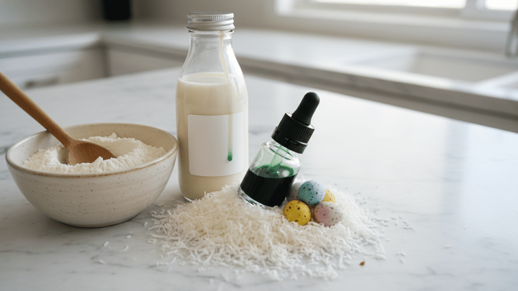 A collage of ingredients including flour, buttermilk, green food coloring, and Cadbury mini eggs.