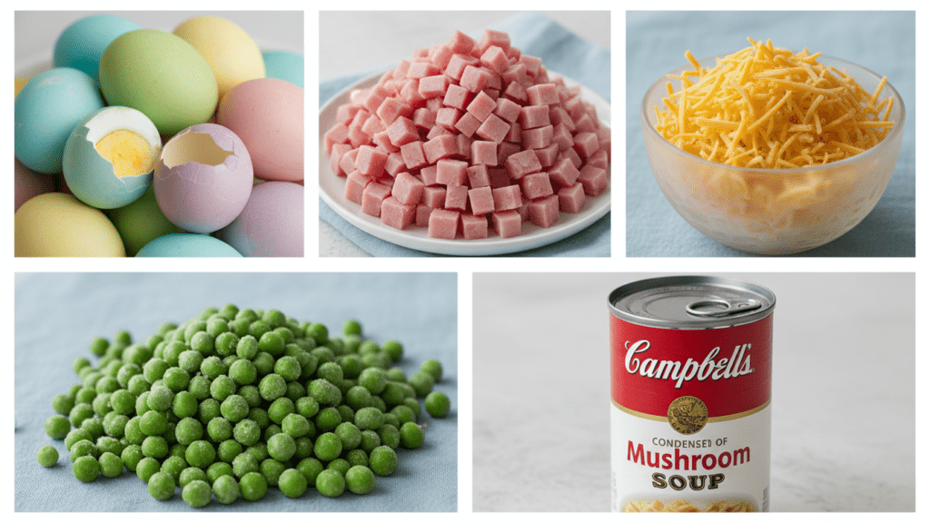 Collage of ingredients including colorful eggs, diced ham, and shredded cheese.