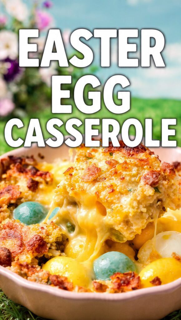 A golden, bubbly easter egg casserole in a white ceramic dish.