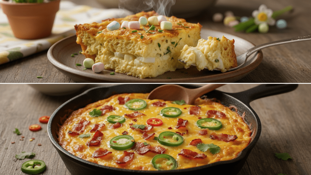 Close up of a slice of egg casserole and a spicy jalape&ntilde;o version.
