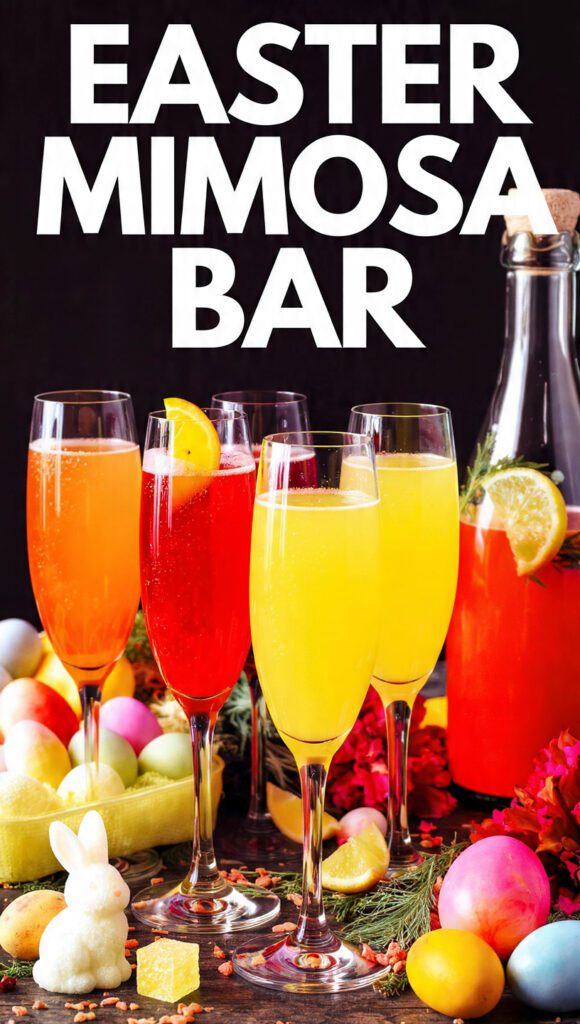 A colorful and festive Easter mimosa bar with juice carafes and champagne flutes.