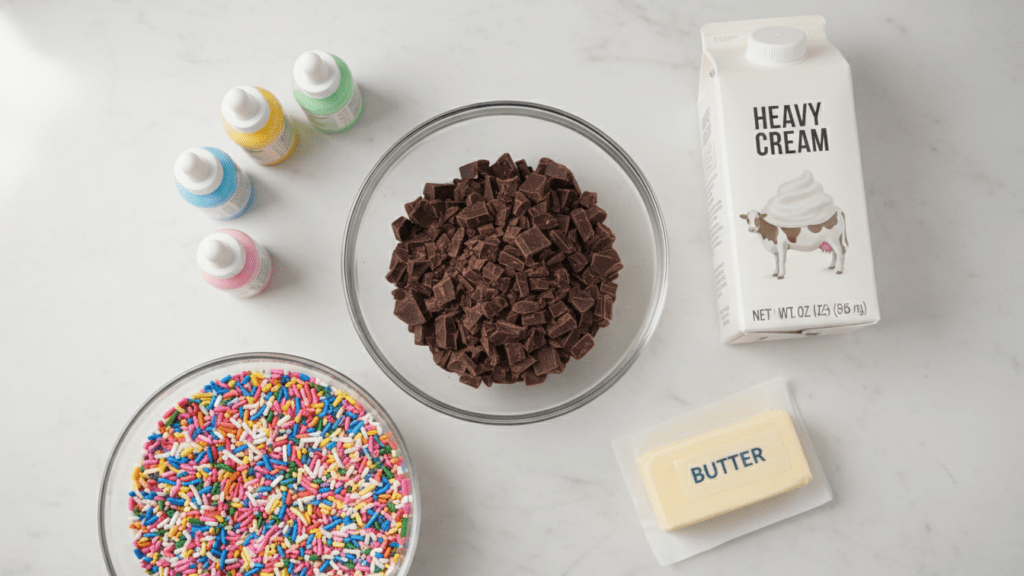 A collage of truffle ingredients: dark chocolate, heavy cream, butter, and pastel sprinkles.