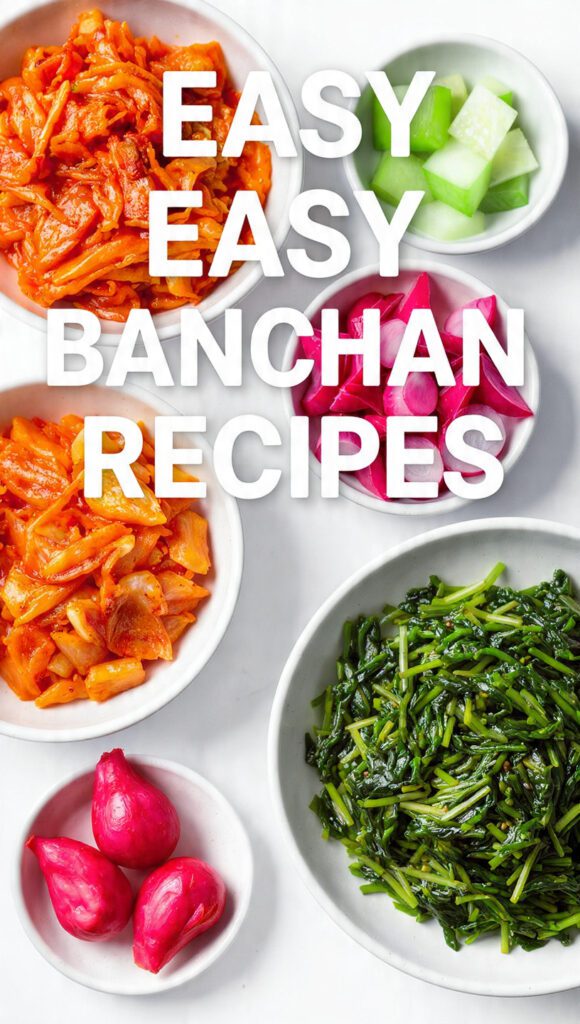 A colorful spread of three different Korean banchan recipes in small bowls.