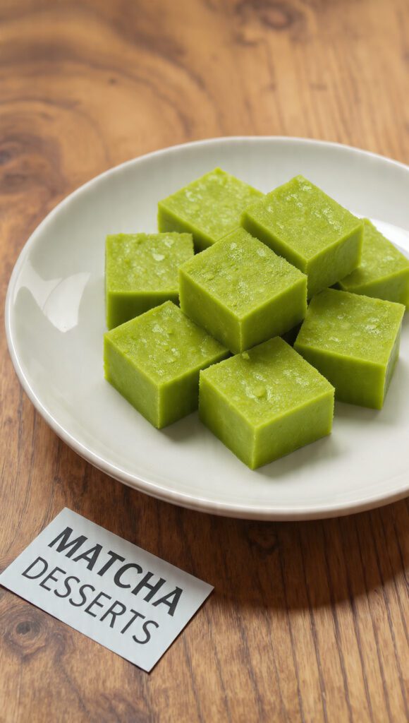 Vibrant green matcha white chocolate fudge squares on a serving plate.