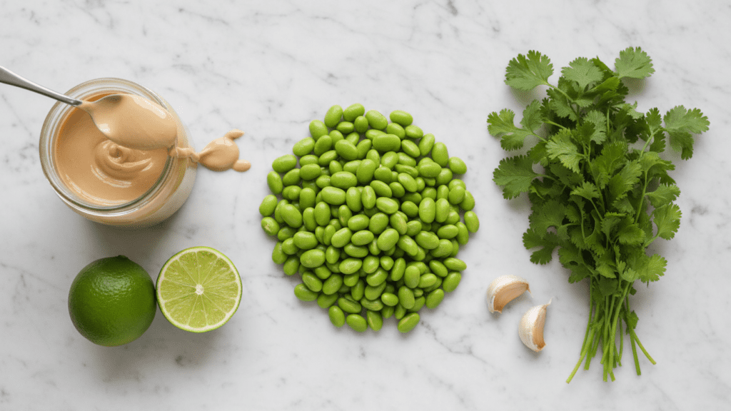 A collage of ingredients: frozen shelled edamame, tahini jar, limes, garlic, and cilantro.