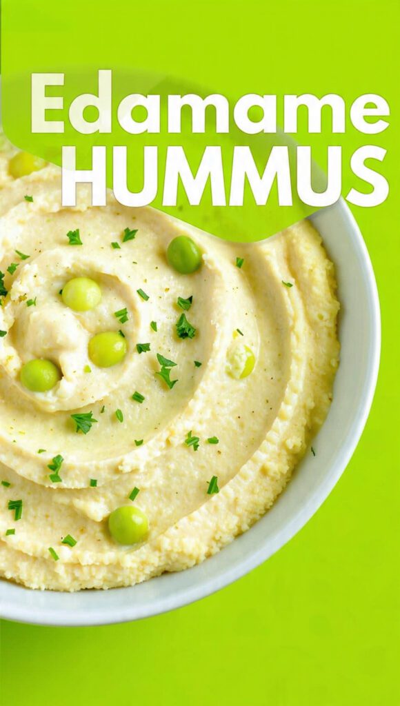 A bowl of vibrant green edamame hummus topped with olive oil and sesame seeds with text overlay "Edamame Hummus".