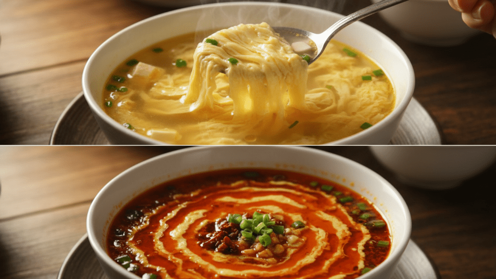 Close up look of a spoon lifting silky egg ribbons from the soup.