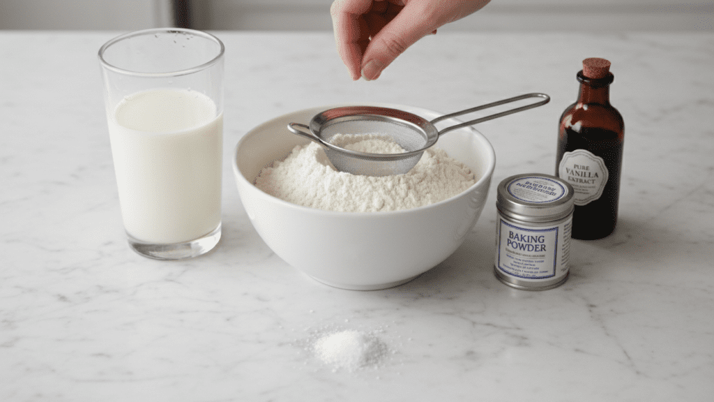 A collage of pancake ingredients: flour, milk, baking powder, and vanilla.