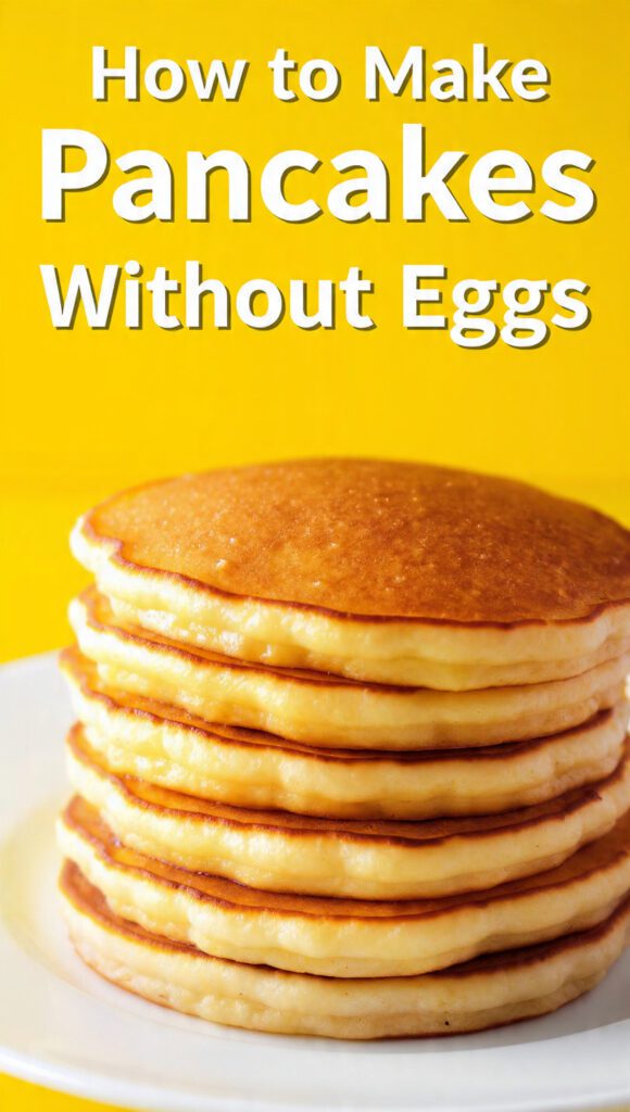 A tall stack of fluffy eggless pancakes with maple syrup and text overlay "Pancakes Without Eggs"