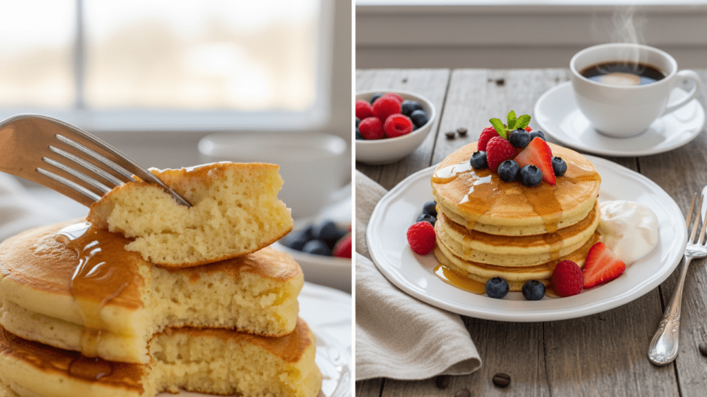 Close up look at the fluffy texture of a cut pancake and a wide shot of a breakfast table.