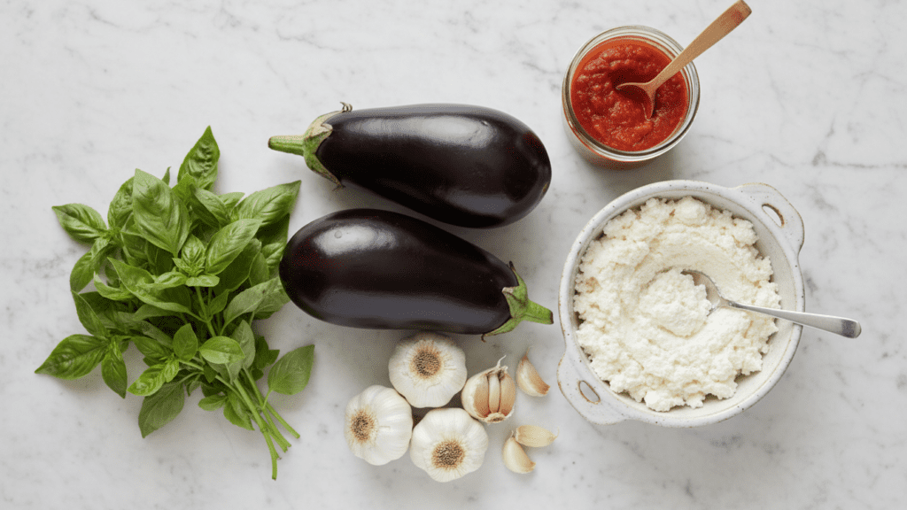 A collage showing eggplant, ricotta, garlic, basil, and marinara sauce.