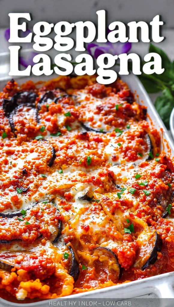 A bubbling dish of eggplant lasagna with melted cheese and text overlay "Eggplant Lasagna".