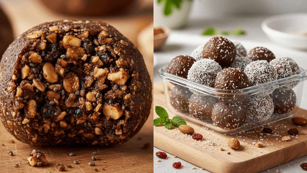 Close up look at the texture of an energy ball and a wide shot of two different snack variants.