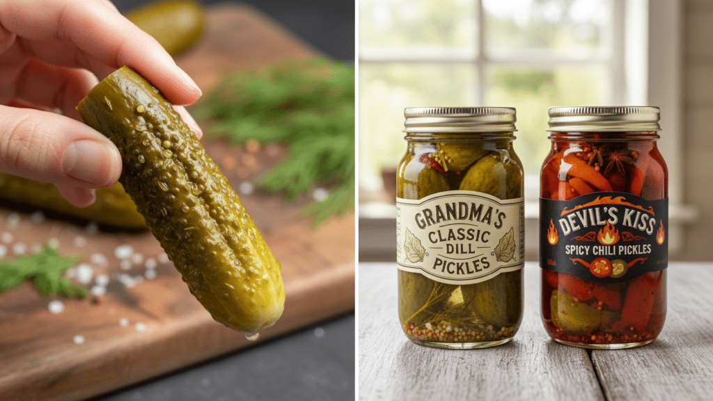Close up of a crunchy pickle spear and two jars of different colored fermented pickles.