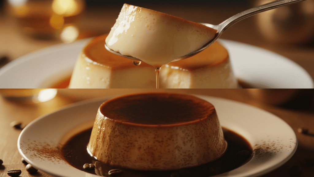 Close up look of a spoon taking a bite of silky flan showing the smooth interior.