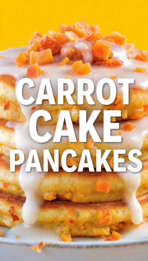 A tall stack of carrot cake pancakes with cream cheese glaze dripping down.