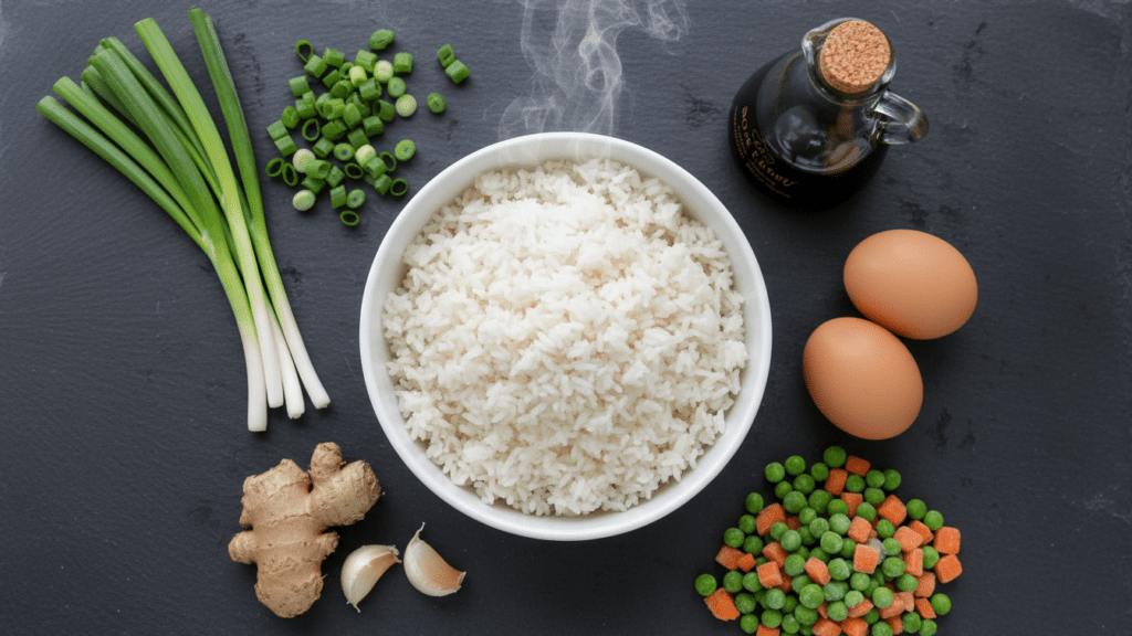 Raw ingredients for making a healthy authentic fried rice recipe at home.