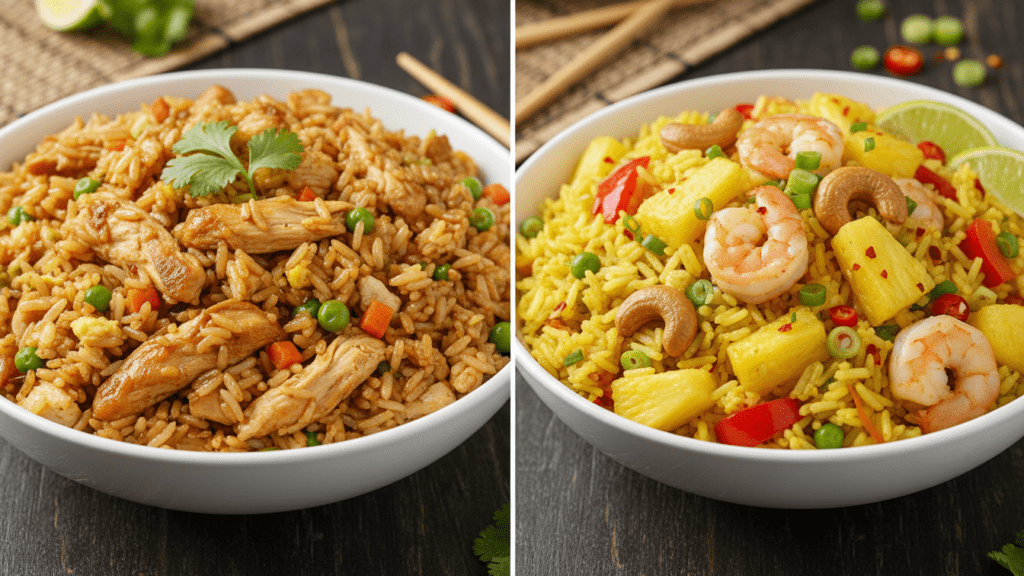 Two different versions of fried rice including a tropical pineapple option.