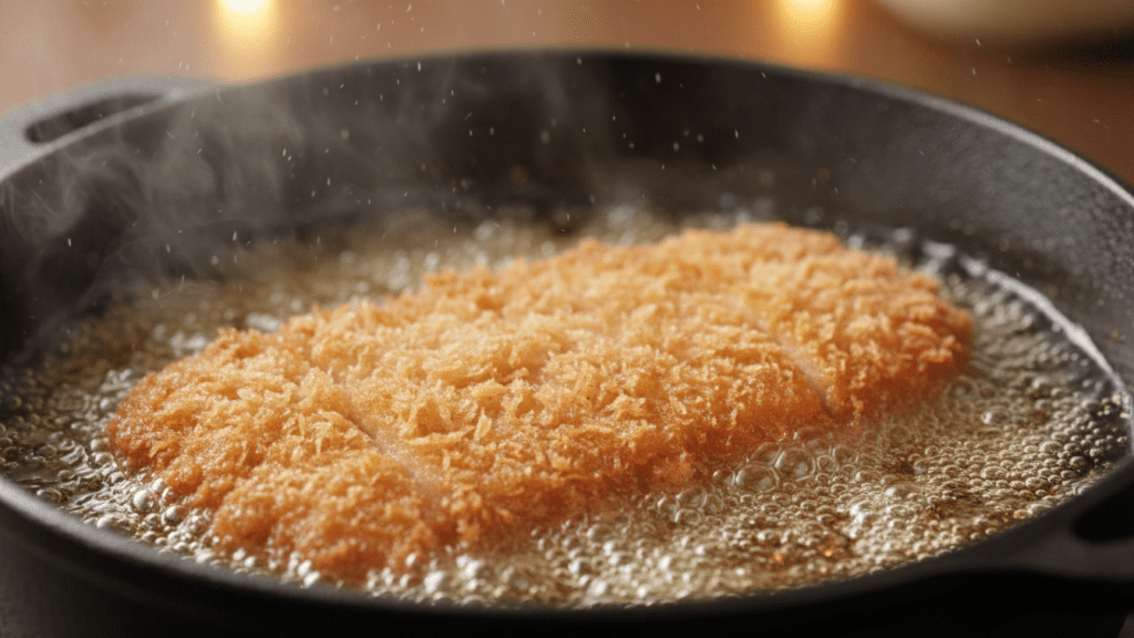 A close-up shot of a pork cutlet being fried in bubbling hot oil in a cast iron skillet.