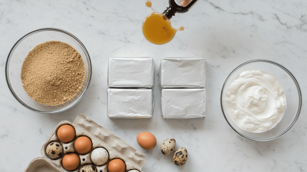 Raw ingredients for making a healthy homemade gluten-free cheesecake.