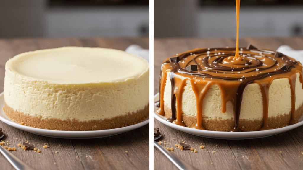 Two different versions of gluten-free cheesecake including a caramel drizzle option.