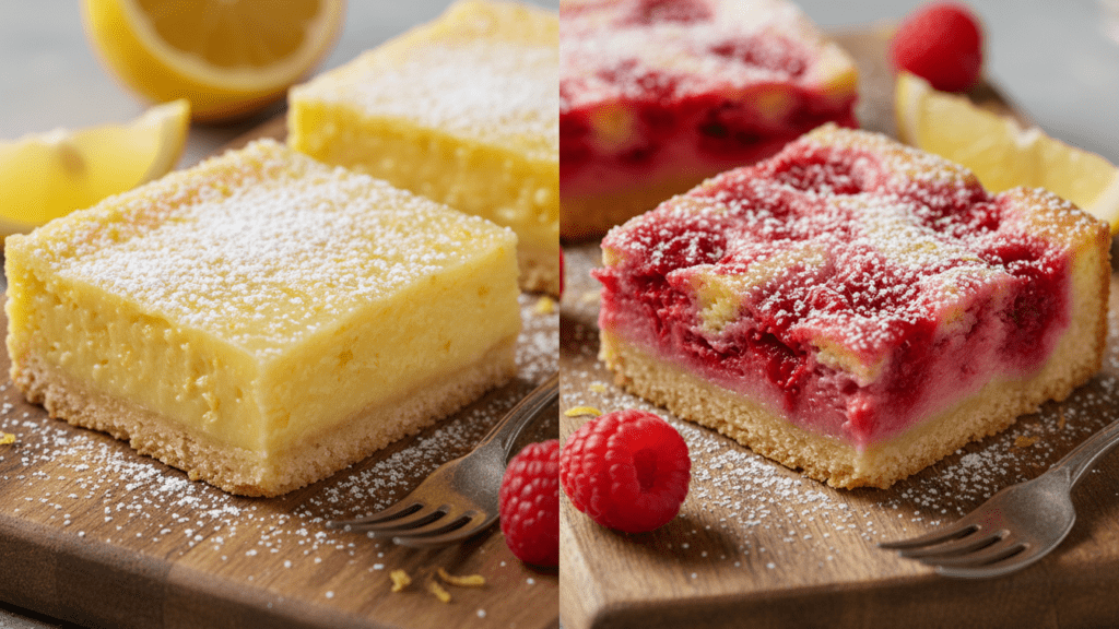 Two different versions of gluten-free lemon bars including a raspberry option.