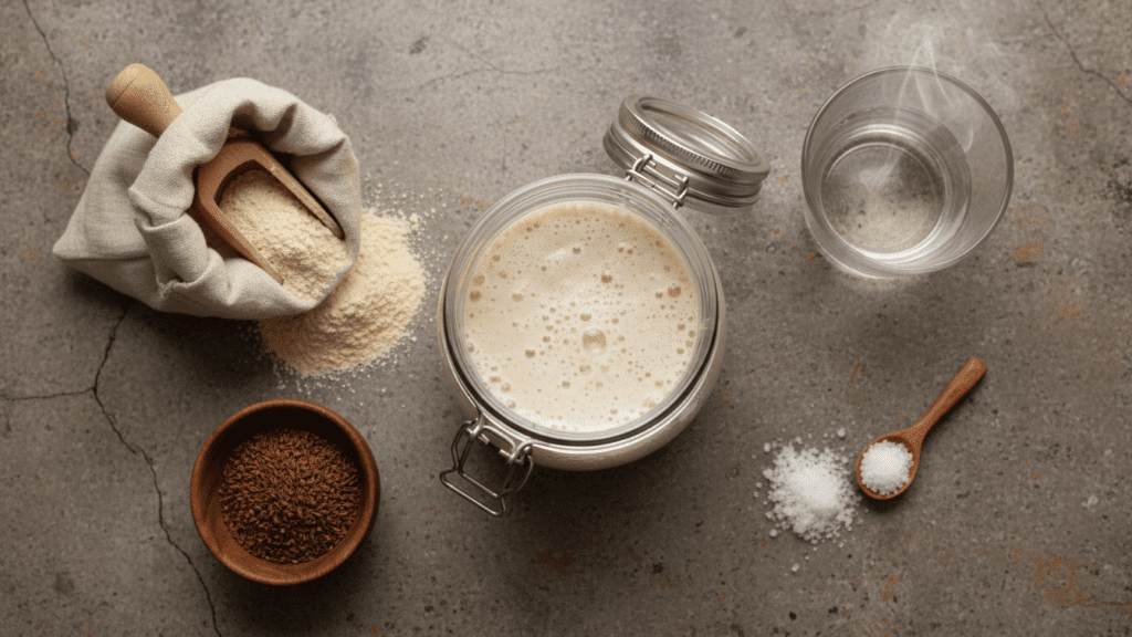 Raw ingredients for making a healthy homemade gluten free sourdough bread.