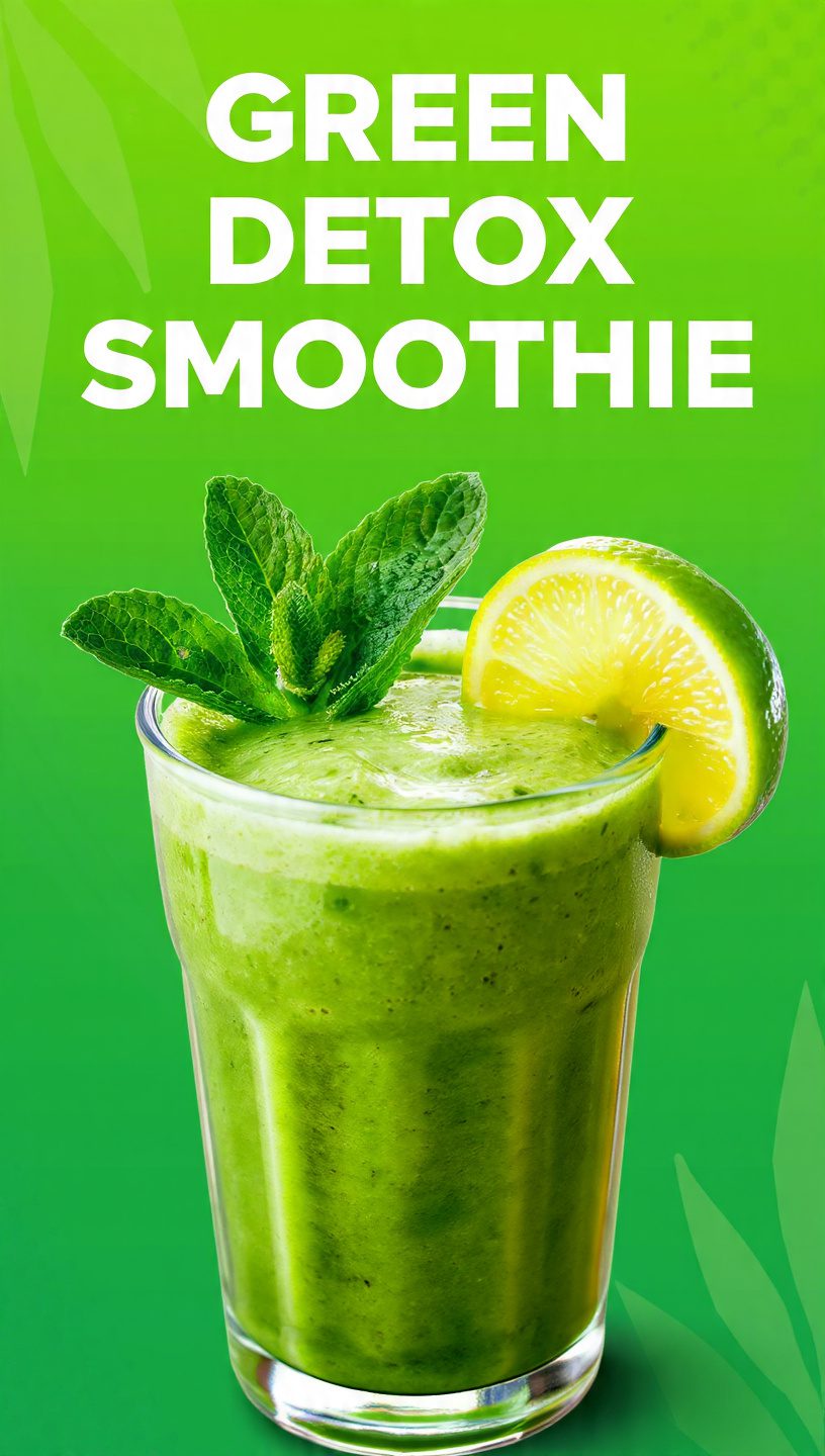 A tall glass of vibrant green detox smoothie with a straw and lemon slice with text overlay "Green Detox Smoothie".