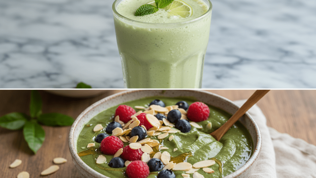 Two separate views of the smoothie: one in a glass and one in a smoothie bowl.