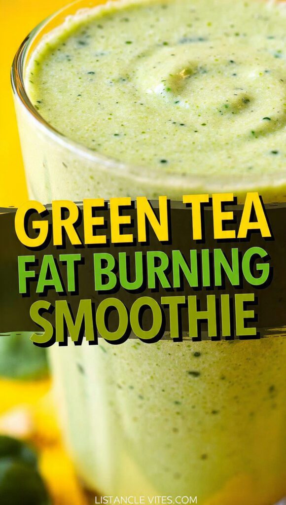 A tall glass of vibrant green tea fat burning smoothie with a straw and ginger garnish.
