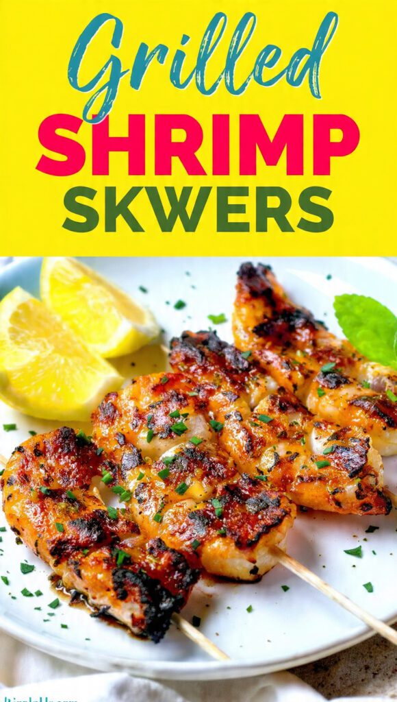 A platter of glistening grilled shrimp skewers with lemon slices and text overlay "Grilled Shrimp Skewers".