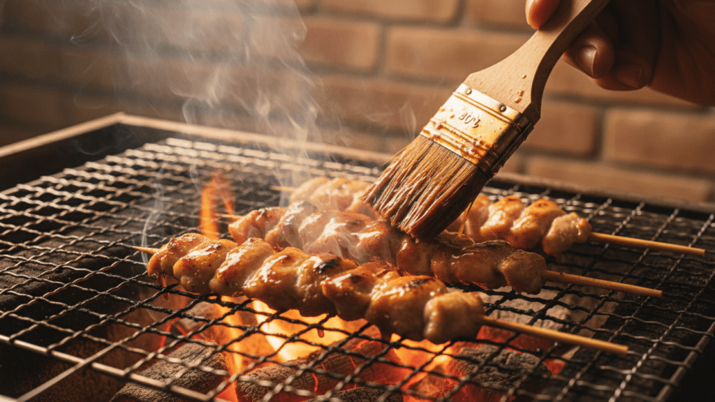 A close-up shot of yakitori skewers being grilled over hot coals with a basting brush applying tare sauce.