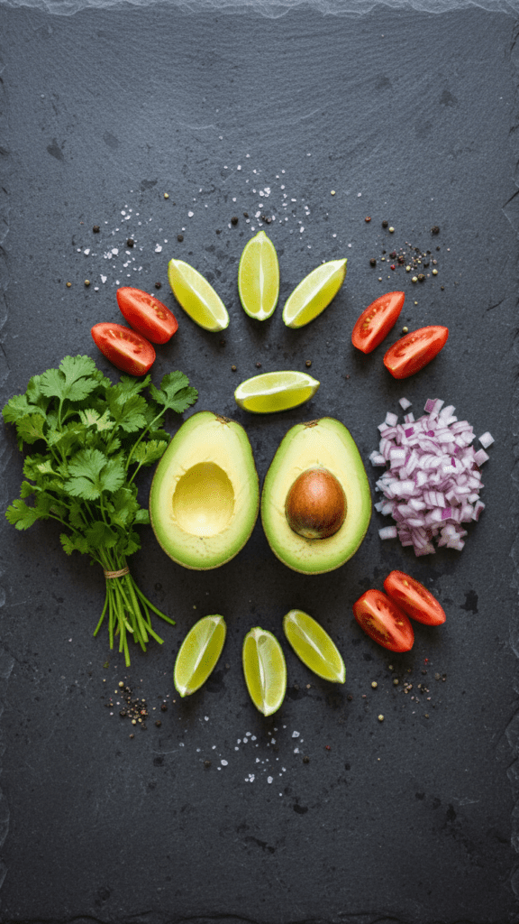 Raw ingredients for making a healthy homemade guacamole recipe.