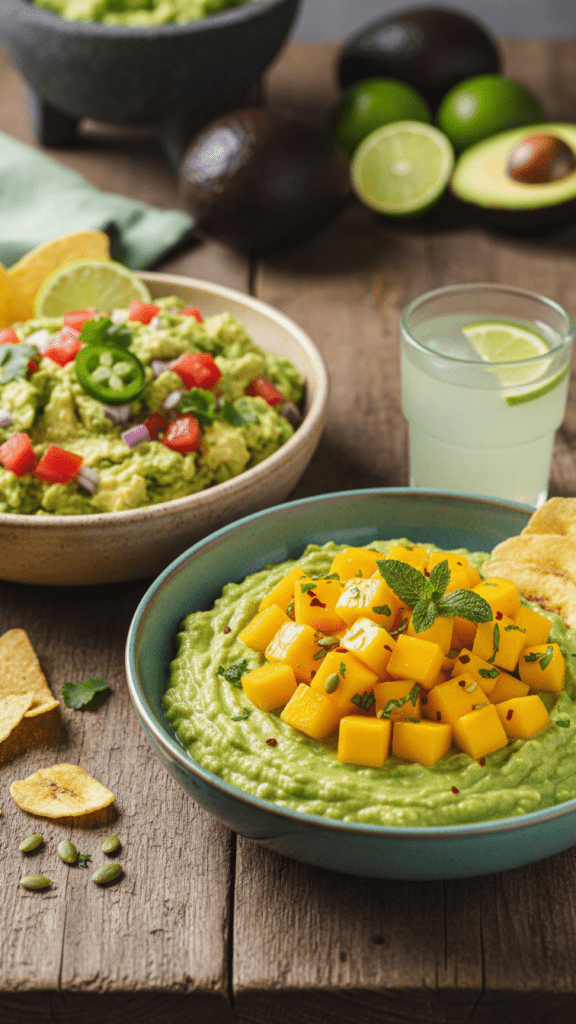 Two different versions of guacamole including a tropical mango variant.
