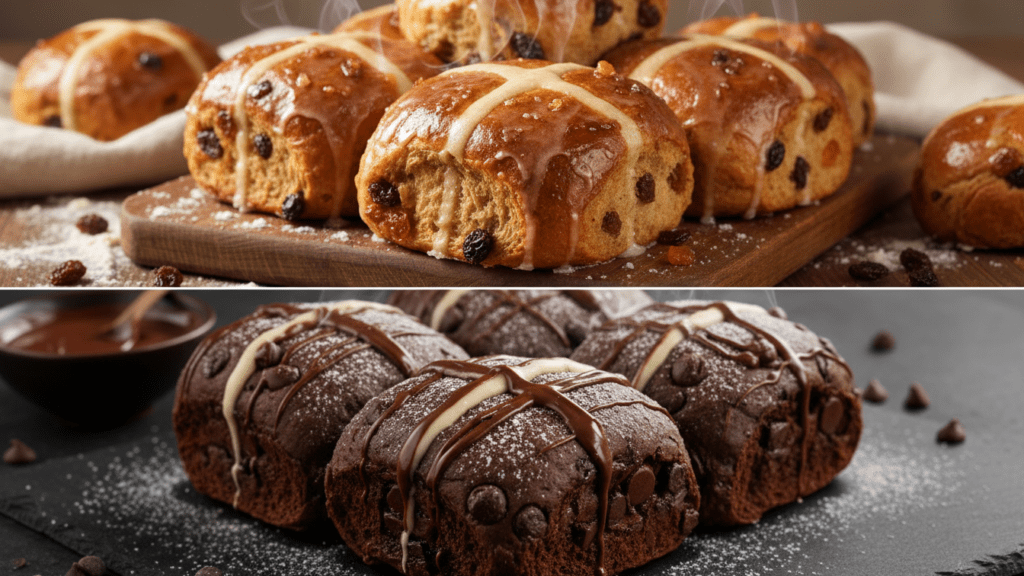 Close up of traditional fruit hot cross buns and a chocolate chip version.
