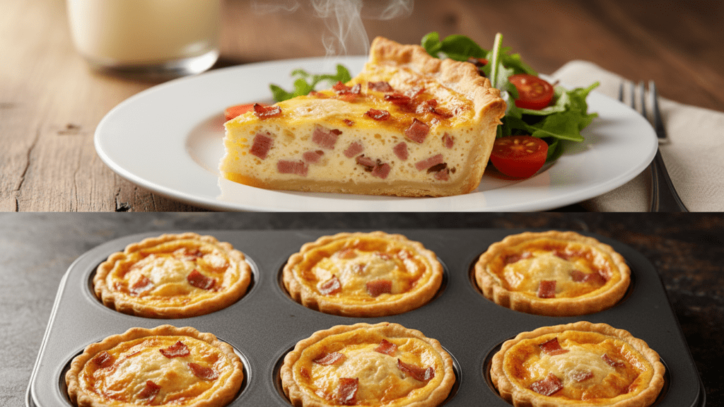 Close up of traditional quiche lorraine and a mini quiche version.
